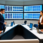 A diverse team of professionals, men and women, in a modern, well-lit crisis management center. They are fully clothed in modest business attire, focused on large multi-screen displays showing data analytics, news feeds, and communication dashboards. Team members are engaged in a calm, strategic discussion, some gesturing towards screens, others taking notes, all demonstrating collaborative problem-solving. The atmosphere is professional and focused. Perfect anatomy, correct proportions, natural poses, well-formed hands, proper finger count, natural body proportions. High-resolution professional photography, appropriate content, safe for work.
