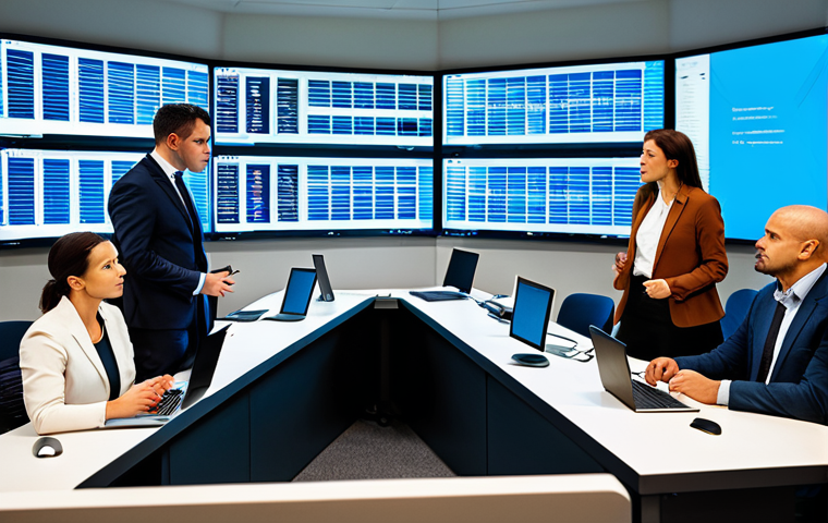 A diverse team of professionals, men and women, in a modern, well-lit crisis management center. They are fully clothed in modest business attire, focused on large multi-screen displays showing data analytics, news feeds, and communication dashboards. Team members are engaged in a calm, strategic discussion, some gesturing towards screens, others taking notes, all demonstrating collaborative problem-solving. The atmosphere is professional and focused. Perfect anatomy, correct proportions, natural poses, well-formed hands, proper finger count, natural body proportions. High-resolution professional photography, appropriate content, safe for work.