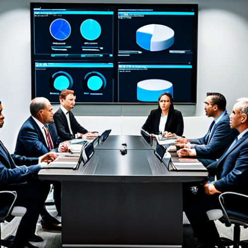 Home 7 A diverse group of professional adults in modest business suits and appropriate professional attire, seated around a large, sleek conference table in a high-tech crisis command center. Large screens on the wall display data visualizations, news feeds, and communication channels. They are deeply focused, some looking at laptops, others pointing at screens, engaged in an intense, collaborative discussion. Their expressions are serious but composed, reflecting calm under pressure. Professional photography, high-resolution, sharp focus, perfect anatomy, correct proportions, natural poses, well-formed hands, proper finger count, natural body proportions, safe for work, appropriate content, fully clothed, professional, modest clothing, family-friendly.
