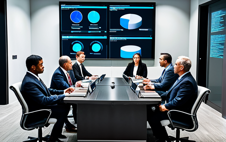 A diverse group of professional adults in modest business suits and appropriate professional attire, seated around a large, sleek conference table in a high-tech crisis command center. Large screens on the wall display data visualizations, news feeds, and communication channels. They are deeply focused, some looking at laptops, others pointing at screens, engaged in an intense, collaborative discussion. Their expressions are serious but composed, reflecting calm under pressure. Professional photography, high-resolution, sharp focus, perfect anatomy, correct proportions, natural poses, well-formed hands, proper finger count, natural body proportions, safe for work, appropriate content, fully clothed, professional, modest clothing, family-friendly.