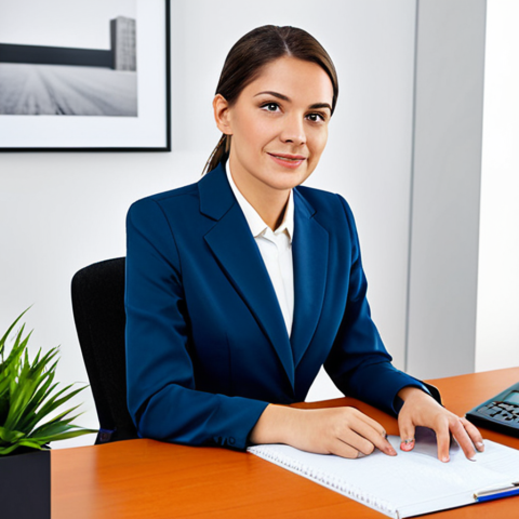**

A professional businesswoman in a modest business suit, sitting at a desk in a modern office, fully clothed, appropriate attire, safe for work, perfect anatomy, natural proportions, professional photography, high quality. The office should have a bright and welcoming atmosphere, with plants and modern art.

**