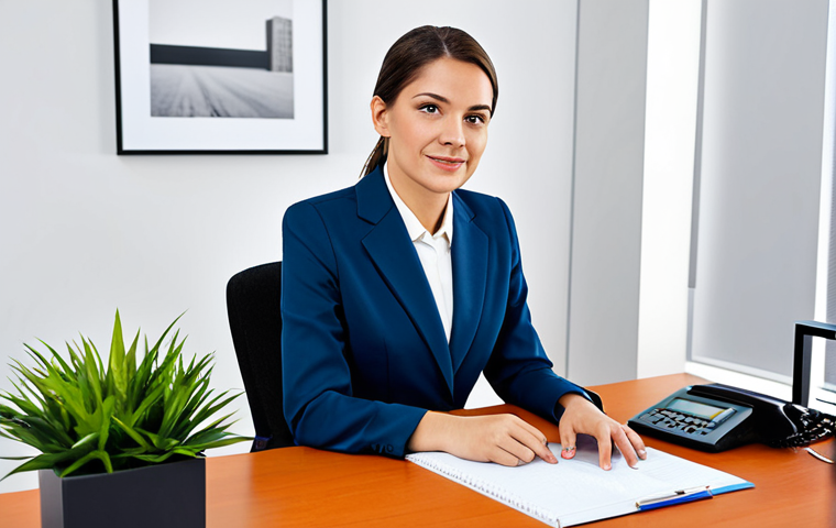 **

A professional businesswoman in a modest business suit, sitting at a desk in a modern office, fully clothed, appropriate attire, safe for work, perfect anatomy, natural proportions, professional photography, high quality. The office should have a bright and welcoming atmosphere, with plants and modern art.

**