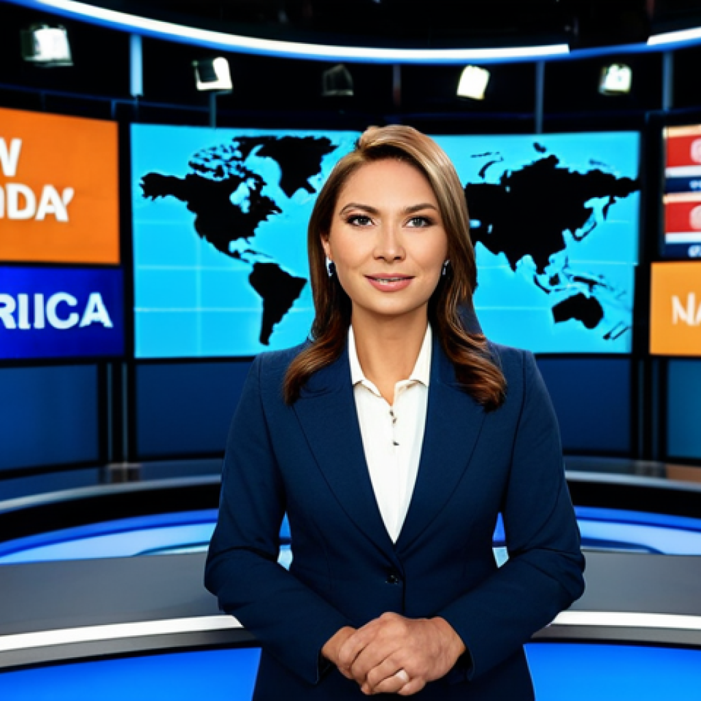 미디어 영향력 분석 - A professional news anchor, fully clothed in modest attire, reporting from a modern TV studio. Backg...