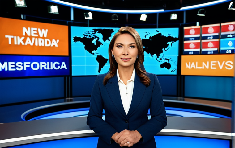 미디어 영향력 분석 - A professional news anchor, fully clothed in modest attire, reporting from a modern TV studio. Backg...