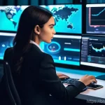 언론매체별 PR 전략 - **Prompt:** A young, focused marketing professional, a woman in her late 20s, wearing smart-casual b...